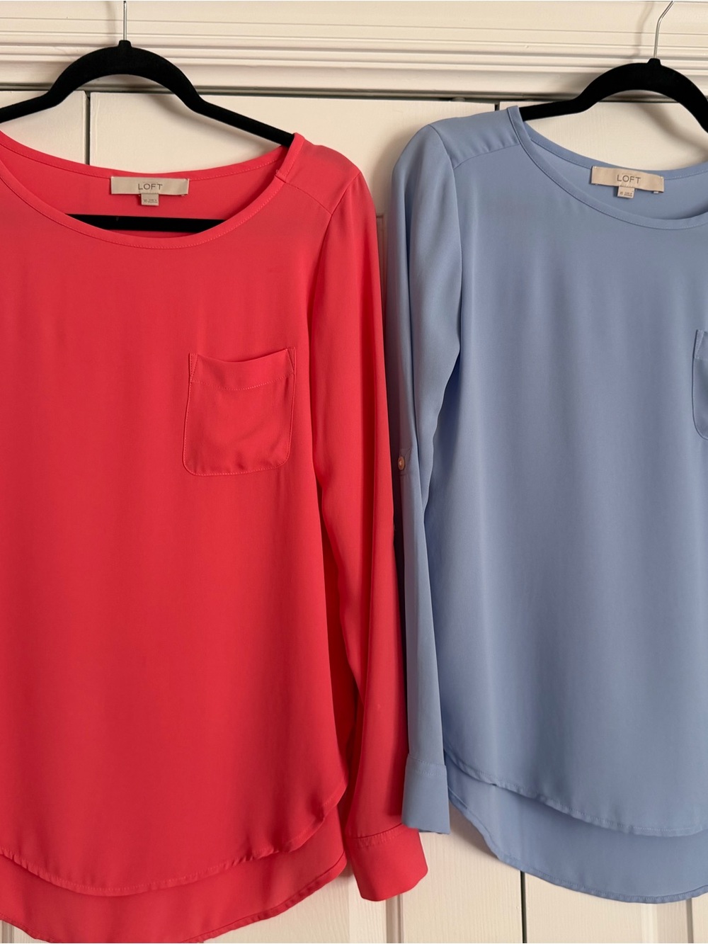 LOFT Two-Tone Long-Sleeve Pocket Blouses - Coral & Light Blue